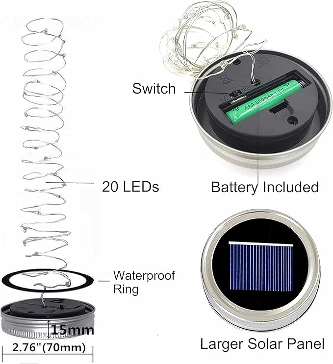 Decorman Solar Mason Jar Lid Lights, 6 Pack 20 LED Waterproof String Fairy Star Firefly Jar Lids Lights for Patio | Lumora