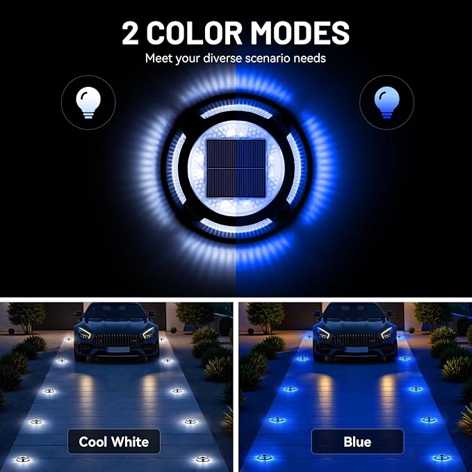 Solar Driveway Lights, 12 Pack Heavy Duty Driveway Lights Solar Powered 2 Color Mode (Cool White/Blue) IP68 | Lumora