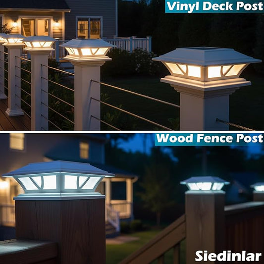SIEDiNLAR Solar Post Lights Outdoor 2 Modes LED Fence Deck Cap Light for 4x4 5x5 6x6 Posts Garden Patio Decoration Warm White/Cool White Lighting White (6 Pack)