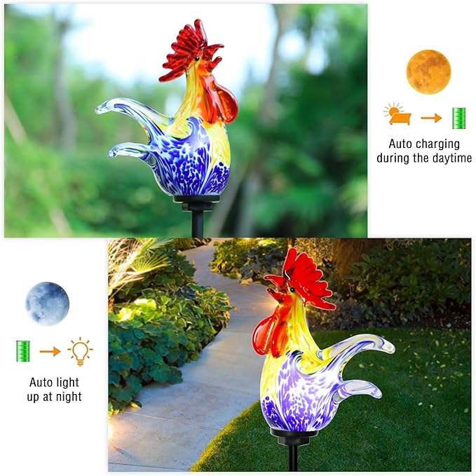 Bshine Solar Garden Decor Outdoor Rooster Light, Hand Blown Glass Waterproof Solar Light Stake Decoration Road, Path, Lawn and Yard Art for Moms, or Chicken Lovers