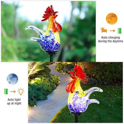 Bshine Solar Garden Decor Outdoor Rooster Light, Hand Blown Glass Waterproof Solar Light Stake Decoration Road, Path, Lawn and Yard Art for Moms, or Chicken Lovers