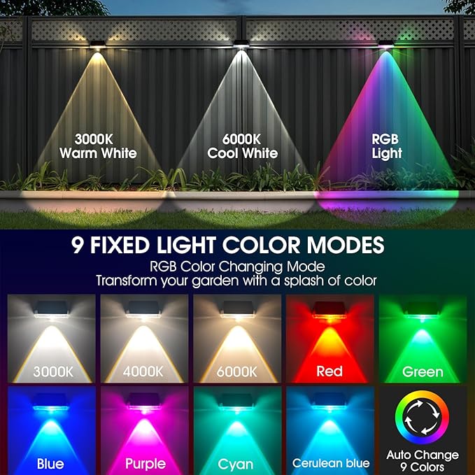Solar Fence Lights Outdoor 8 Pack, 9 Fixed Colors & Auto Changing Waterproof Fence Lights Solar Powered, Solar Deck | Lumora