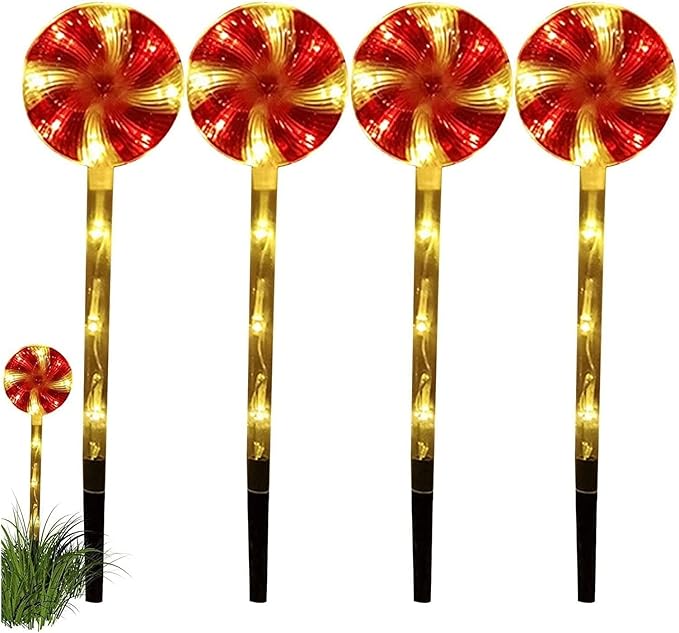 Solar Garden Lights Candy Cane Lights, 4 Cute Christmas Lollipop Pathway Lights with Stakes, Waterproof Outdoor Solar Pathway Lights for Christmas Decoration, Yard, Yard, Lawn (Color : Red)