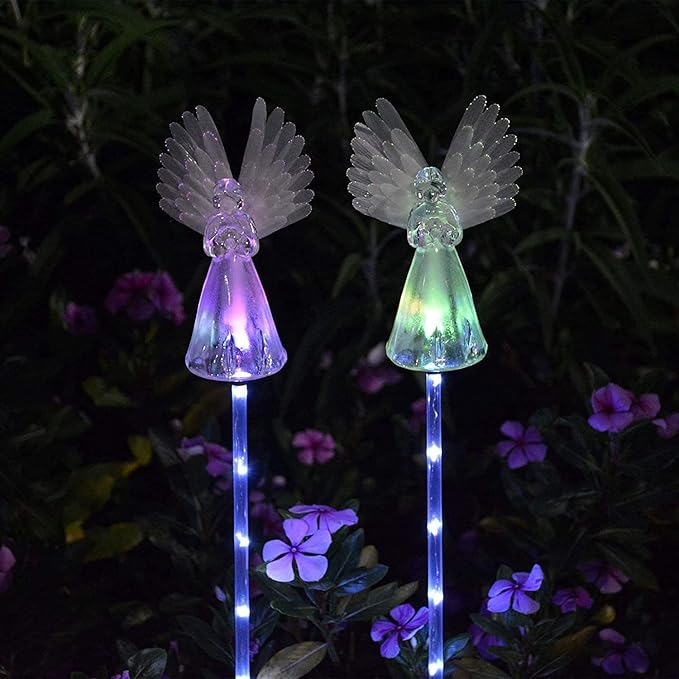 2 Pack Solar Powered Angel for Cemetery Decorations,Garden Stake Light Multi-Color Changing LED Waterproof Lawn Decorative Light for Garden Yard Patio Cemetery Grave Decorations