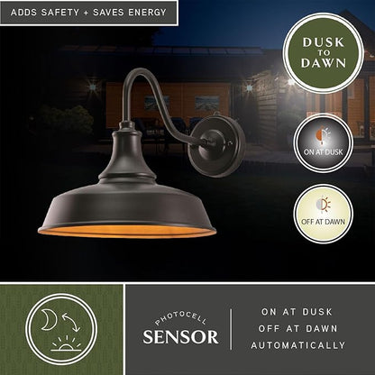 VAXCEL Dorado 11.5 in. H 1-Light Dark Bronze and Light Gold Dusk to Dawn Sensor Farmhouse Outdoor Wall Sconce, Gooseneck Steel Shade, Dark Sky Compliant for Exterior Porch Patio Front Door or Garage