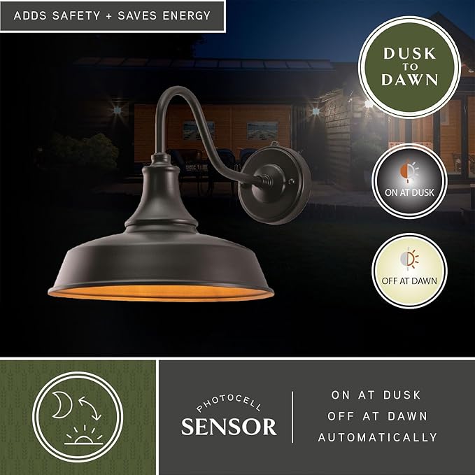 VAXCEL 2-Pack Dorado 11.5 in. H 1-Light Dark Bronze and Light Gold Dusk to Dawn Sensor Farmhouse Outdoor Wall Sconce, Gooseneck Steel Shade, Dark Sky Compliant, Porch Front Door or Garage