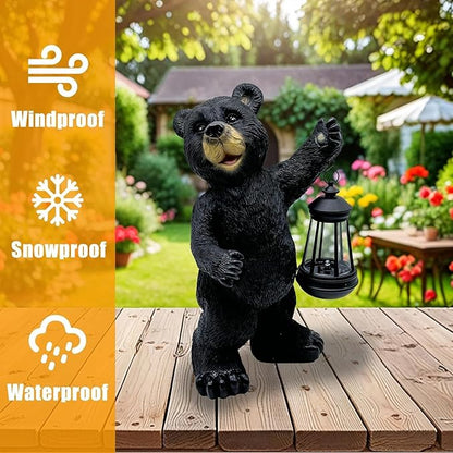 Solar Black Bear Garden Statue with LED Lantern - 14'' Outdoor Resin Animal Sculpture, Auto-On/Off Solar-Powered Waterproof Lawn Decor, 10-12H Long-Lasting Lighting for Patio/Yard/Porch