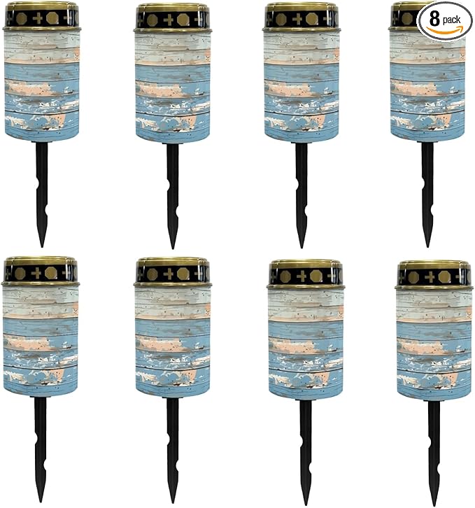 Blue Wood Grain Cemetery Lights - Solar-Powered Outdoor Pathway Lights for Gravesite, Driveway, Landscape - Waterproof, Flameless