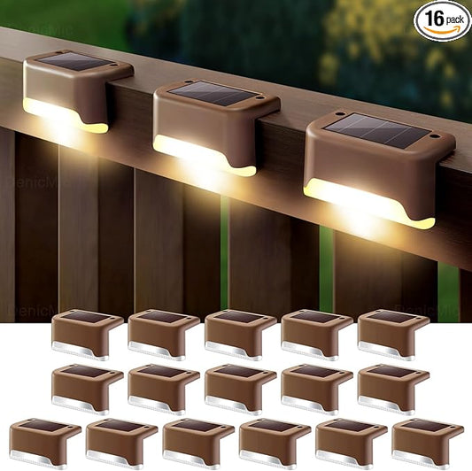 DenicMic 16 Pack Solar Deck Lights Outdoor Waterproof 4000K Warm White LED for Step Fence Patio Yard Stair Balcony Railling Outside Deck Lighting