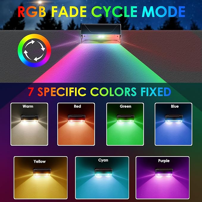12PK Solar Fence Lights Outdoor Waterproof LED - Warm White & RGB 6 Color, Dusk to Dawn Deck Light, IP65 Waterproof | Lumora