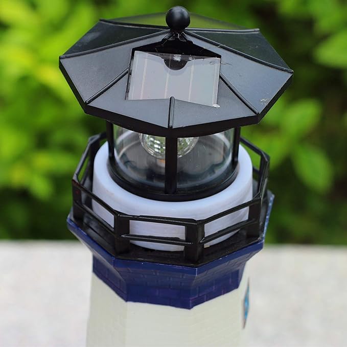 Solar Garden Lighthouse， White and Blue Lighthouse statutte with Rotating Lamp Outdoor Decorative LED Lights for Garden Patio Lawn