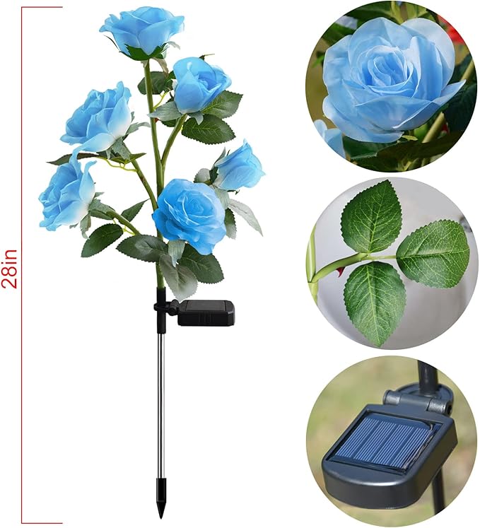 [Upgraded 6 Flowers]Solar Powered Decorative Rose Garden Stake Lights, Waterproof Realistic Artificial Flowers for Outdoor Flower Bed Patio Yard Pathway Memorial Cemetery Grave Decorations, Blue