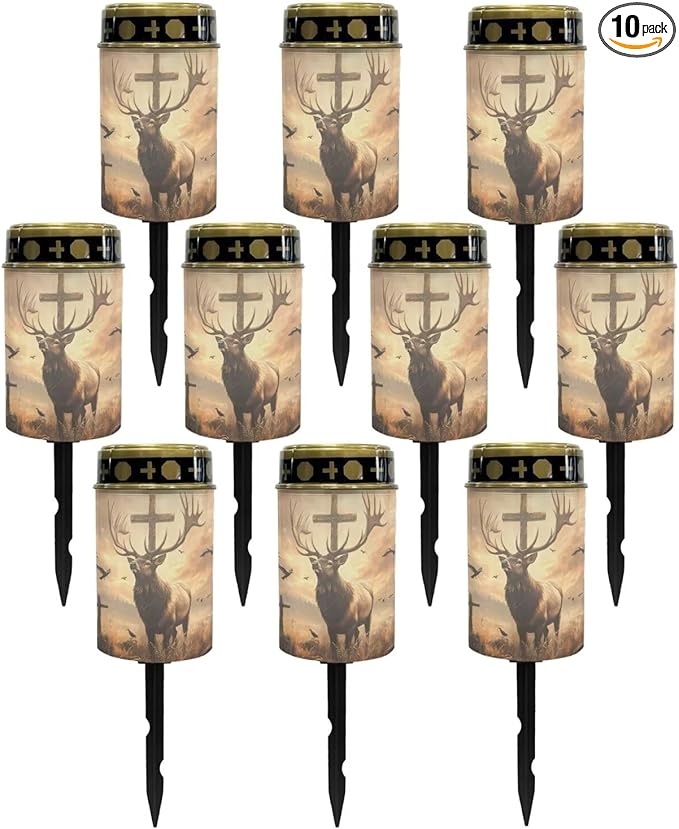 Poceacles 10 Pack Cross Solar Lights Cemetery Solar Lights for Grave Solar Candle Solar Lantern Light Walkway Lights Waterproof Landscape Lighting for Loss of Loved One, Deer Cross Dove of Peace Brown