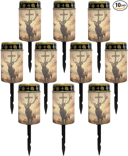 Poceacles 10 Pack Cross Solar Lights Cemetery Solar Lights for Grave Solar Candle Solar Lantern Light Walkway Lights Waterproof Landscape Lighting for Loss of Loved One, Deer Cross Dove of Peace Brown