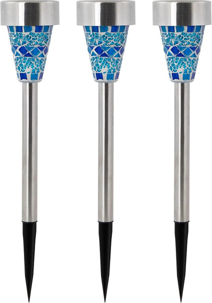 Northlight Set of 3 Blue Mosaic Stained Glass Solar Powered LED Pathway Markers, 15.5"