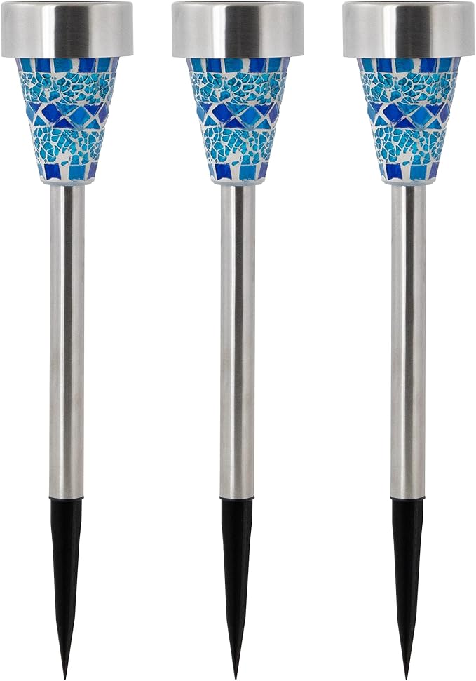 Northlight Set of 3 Blue Mosaic Stained Glass Solar Powered LED Pathway Markers, 15.5"