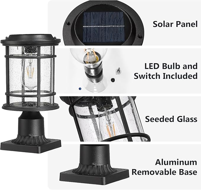 Emliviar 13 Inch Outdoor Solar Post Light, Dusk to Dawn Post Lighting Fixture with Remote Control, Removable Pier | Lumora