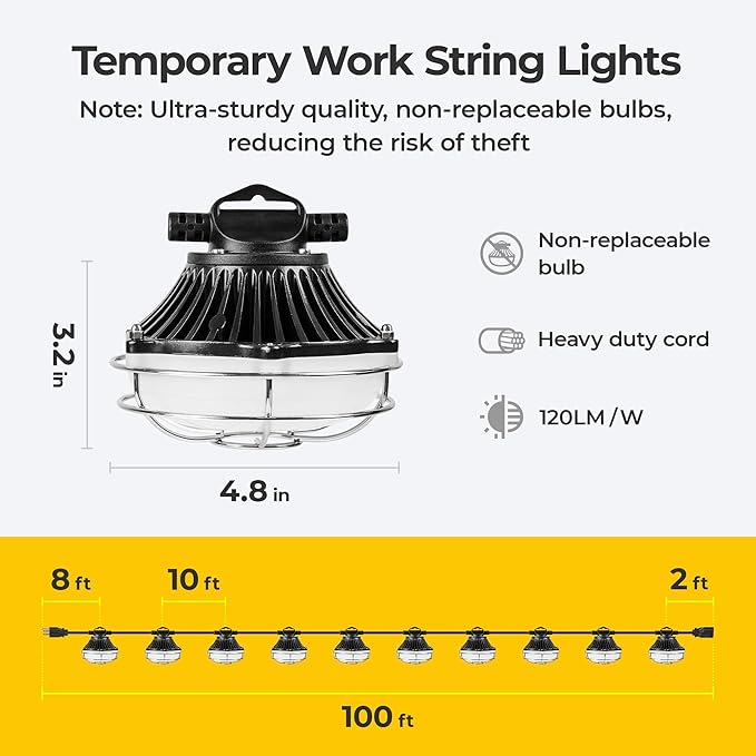 Aluminum Shell Construction String Lights: 100FT 250W Linkable ETL Listed Super Bright LED Industrial Outdoor Temporary Lighting String Hanging Work Lights for Attic Jobsite