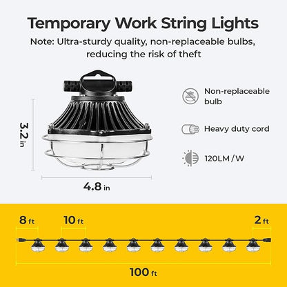 Aluminum Shell Construction String Lights: 100FT 250W Linkable ETL Listed Super Bright LED Industrial Outdoor Temporary Lighting String Hanging Work Lights for Attic Jobsite
