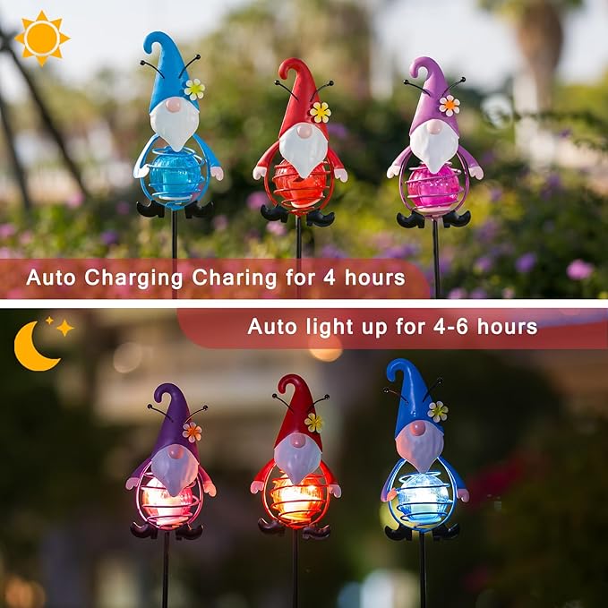 Gnome Solar Garden Lights, 22.4" H Waterproof Decorative Solar Stake Light, 3 Pcs Outdoor Statues Figurine Lights | Lumora