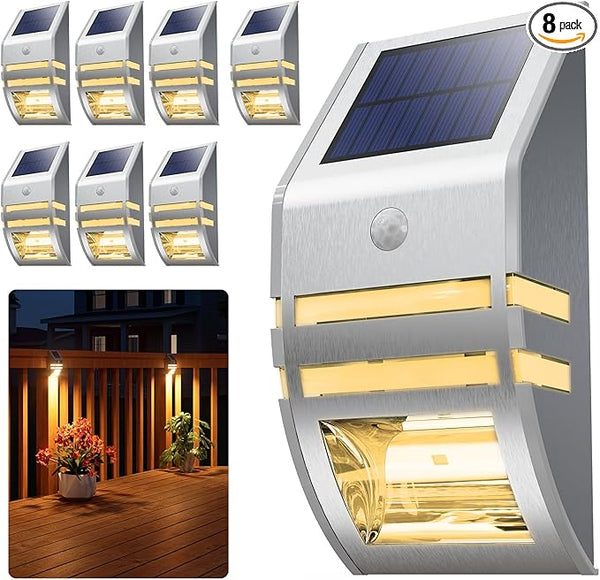 8 Pack Solar Stainless Steel Fence Lights Outdoor Waterproof Motion Sensor Wall Sconce for Backyard Post, Deck | Lumora