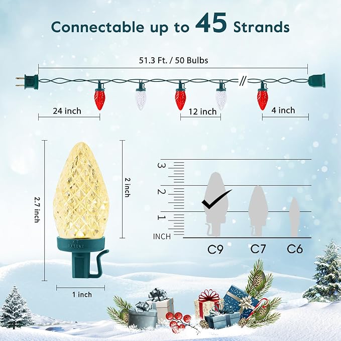 C9 LED Christmas Lights Outdoor with 50 Spring Clips, 50ft 50 LED Waterproof Strawberry String Lights, Commercial | Lumora