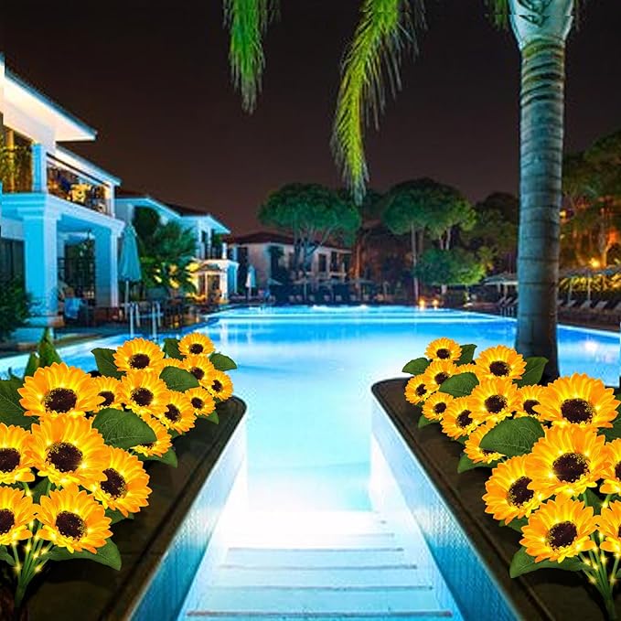 Solar Garden Lights Outdoor, 4 Pack Sunflower Lights with 24 Real Looking Flowers, Waterproof Summer Garden Decor | Lumora
