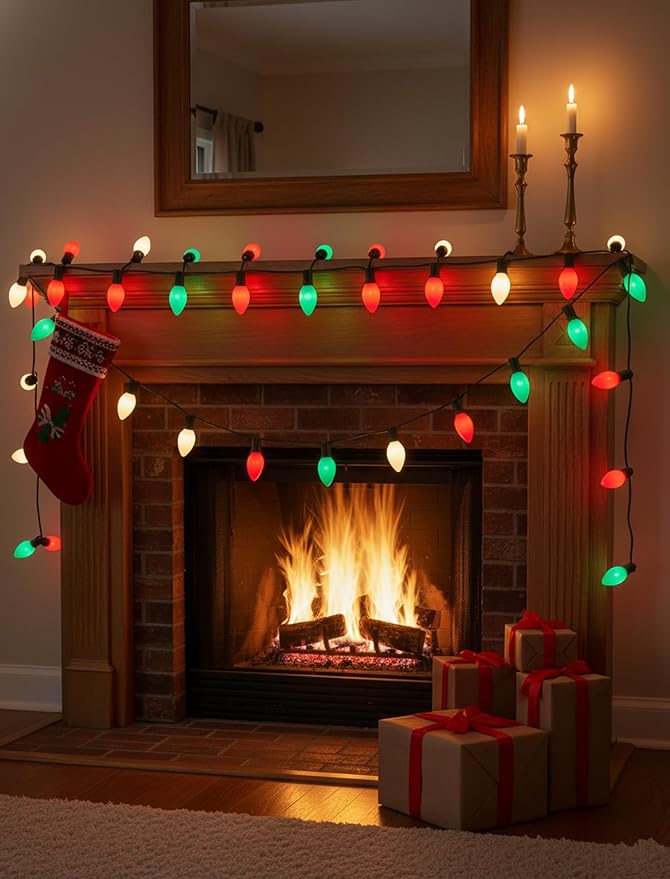 C9 Red Green White Christmas Lights, 25FT Multicolor Christmas Decorations String Lights with 26 Ceramics Bulbs | Lumora