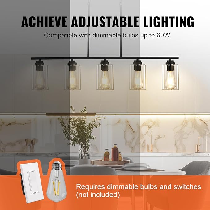 VEVOR 5-Light Kitchen Island Pendant Lights, 60W, Adjustable Dining Room Light Fixture with Clear Glass Lampshade 4 Rods 2 Metal Chains, Metal Frame Farmhouse Linear Chandeliers for Dining Room, E26
