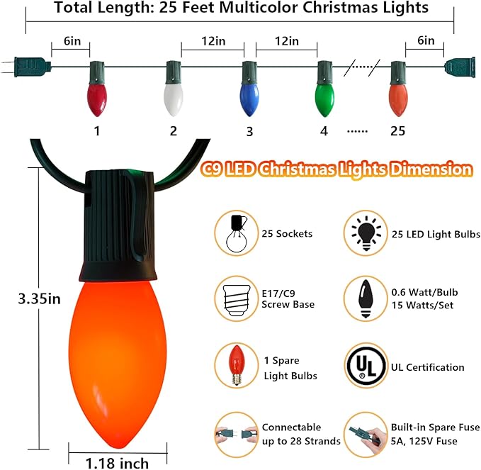 Christmas Lights Outdoor C9 25Ft Vintage Christmas Lights with 25 LED Shatterproof Colored Light Bulbs, Plug in Xmas Tree Light Connectable for Patio Roofline Garden Porch Balcony Party Xmas Decor