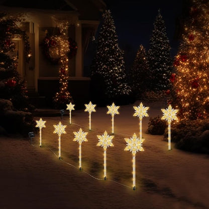 Snowflake Solar Christmas Pathway Lights, Set of 10 LED Outdoor Stake Lights, Waterproof Christmas Decorations for Garden, Yard, Lawn, Walkway, Patio Decor (10pcs Warm White)