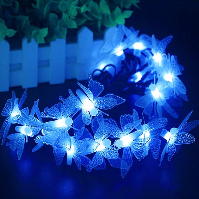 Butterfly String Lights,AMZSTAR Waterproof 20FT 30LED Butterfly Solar Light Outdoor Solar Rope Lights Fairy Light Decorative Garden Lights for Cafe Patio Party Garden Wedding (Blue)