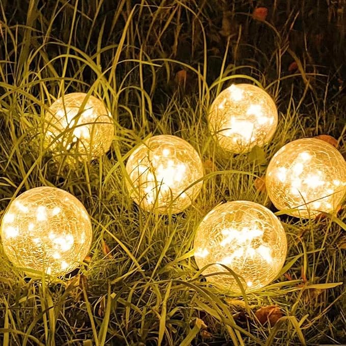 Solar Ball LED Lights Crackle Glass Globe Garden Stake Lamp Yard Art Decor for Yard Pathway Patio Lawn Decoration (Warm White)