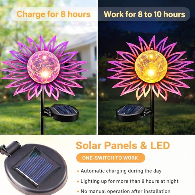 Solar Garden Lights Outdoor Decor, Metal Flower Solar Stake Light with Warm White Crackle Glass, Waterproof Yard Art Ornament for Patio Lawn Backyard, Unique Gardening Gifts for Women(Purple)