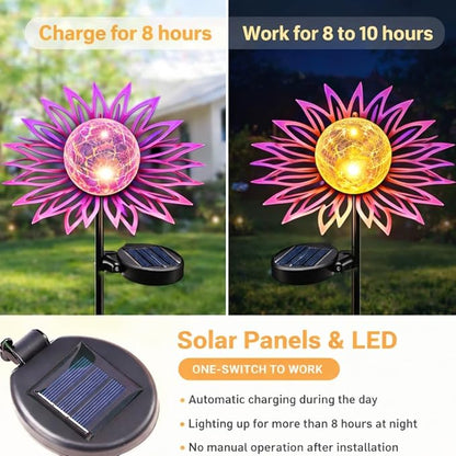 Solar Garden Lights Outdoor Decor, Metal Flower Solar Stake Light with Warm White Crackle Glass, Waterproof Yard Art Ornament for Patio Lawn Backyard, Unique Gardening Gifts for Women(Purple)