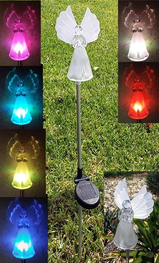 Outdoor Garden Set of 2 Pieces Solar Powered Garden Yard Stake (Color Change abilities) LED Light (Fiber Wings Angel)…