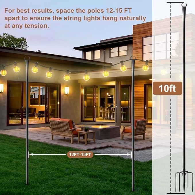 6 Pack String Light Poles for Outside, Heavy-Duty Metal Poles for Outdoor String Lights with Fork, Adjustable | Lumora