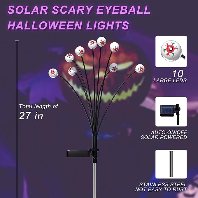 Halloween Decorations Solar Outdoor Lights,2PACK 20LED Solar Scary Eyeball Halloween Pathway Lights,Waterproof Purple Solar Lights Outdoor for Horror Decor/Patio/Garden/Yard/Party/Lawn