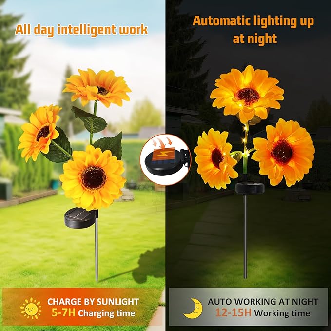 Sunflower Solar Lights Outdoor, IP65 Waterproof Fairy Decor Light, 2 Modes Constant Light&Blinking, 3 Pack Flower Lights with 9 Sunflowers, Ideal for Garden, Back Yard, Patio, Flower Bed, Cemetery