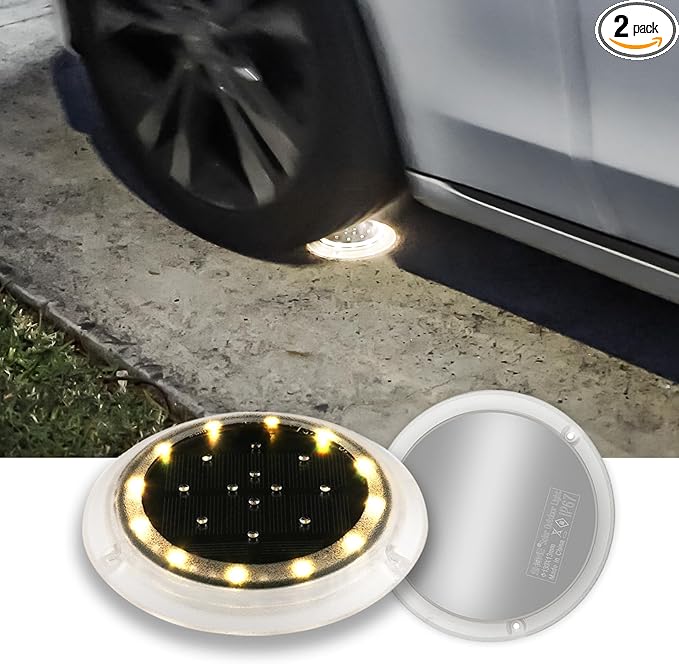 Solar Dock Lights, Bright Disc LED Outdoor Waterproof, Anti-Slip & Anti-Trip Flat Low Profile for Marine, Deck, Ground, Pool, Pier, Pathway, Step (Warm White, 2Pack)