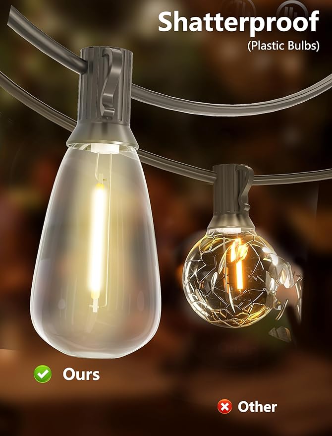 Outdoor String Lights 50FT Patio Lights with 25 Shatterproof, String Lights Outdoor Waterproof with ST35 LED Vintage Edison Bulbs, Hanging Light for Outside Backyard Garden