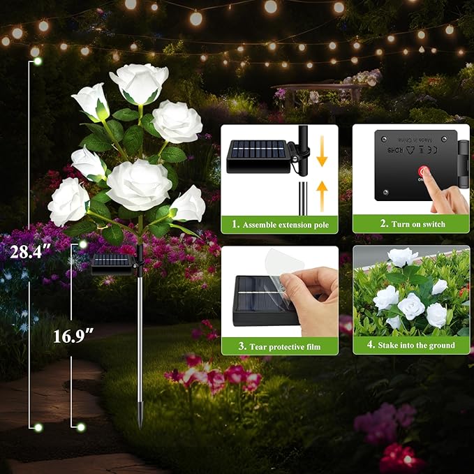 DWH 2 Pack Solar Garden Lights Outdoor, 7-Flower Rose LED Stake Light for Yard Patio Pathway Lawn Fence Cemetery, White