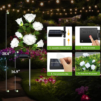 DWH 2 Pack Solar Garden Lights Outdoor, 7-Flower Rose LED Stake Light for Yard Patio Pathway Lawn Fence Cemetery, White