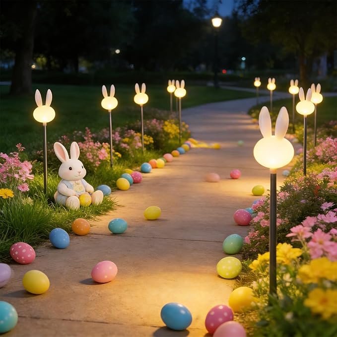 Easter Bunny Pathway Solar Lights Outdoor Easter Rabbits Solar Lights Spring Bunny Solar Yard Stake Light for Garden Patio Yard Pathway Lawn Decor