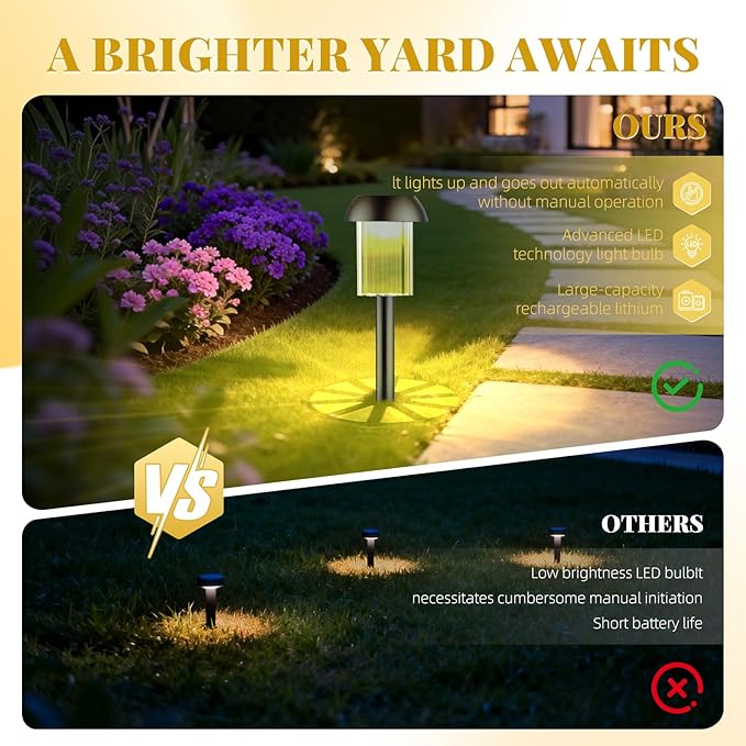 2 Pack Solar Pathway Lights Outdoor, New Upgraded Waterproof LED Lights, 3 Variants (Warm White/Golden/7-Color Slow Flash) with Unique Lamp Shade Patterns, for Garden (2-Pack Golden Light)
