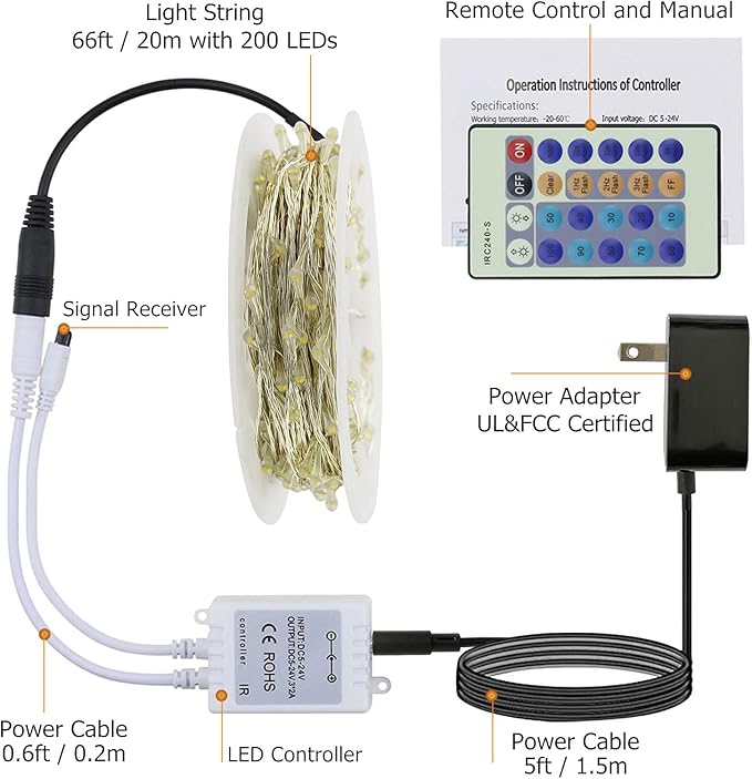 RUICHEN Dimmable Purple Fairy Lights Plug in, Waterproof Silver Wire 66 Ft 200 LED Starry String Lights with Remote for Christmas Halloween Party Bedroom Patio Garden