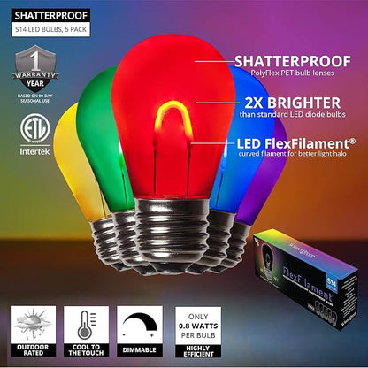 Wintergreen Lighting FlexFilament S14 LED Edison Light Bulbs Bistro Lights, Backyard Lights Patio String Lights LED Outdoor String Lights, S14 Bulbs (Shatterproof Polyflex PET, Multicolor)