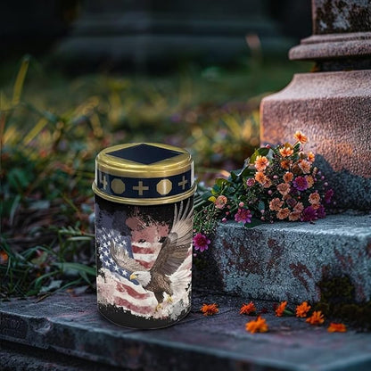 Poceacles 2 Pack Solar Lights Solar Cemetery Lights Solar Grave Lights Outdoor Waterproof Decoration Pathway Lights Garden Solar Candle for Memorial Day Decor, Eagle American Flag Splatter