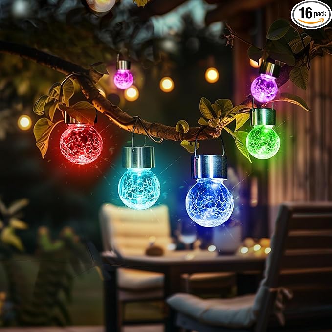 GIGALUMI 16 Pack Solar Outdoor Hanging Lights, Christmas Decoration-Cracked Glass Solar Lights Outdoor Waterproof for Garden, Yard, Fence, Tree(Color Changing)
