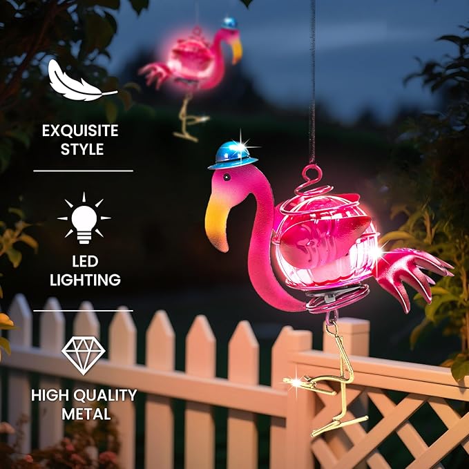 Solar Hanging Flamingo Lights LED Waterproof Powered Outdoor Garden Decor Light Unique Decorations for Sister Birthday Gardening Gifts for Mom Women Backyard Front Porch Balcony Yard Path